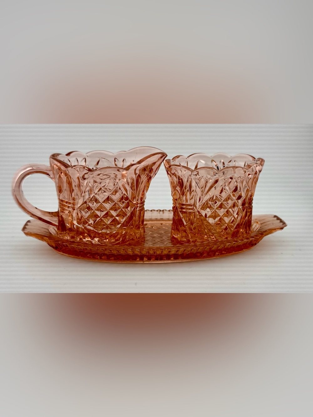 Westmoreland Depression Glass creamer & sugar set. Cut glass. 7.5” (Tray length)